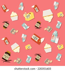 Vector retro looking baking seamless pattern | Wrapping paper ornament with cupcake ingredients