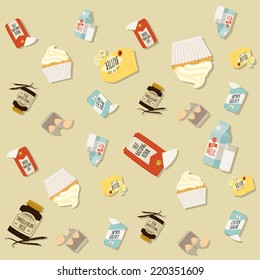 Vector retro looking baking seamless pattern | Wrapping paper ornament with cupcake ingredients