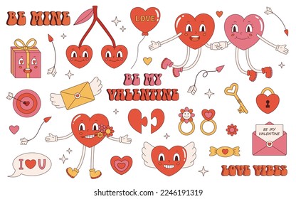 Vector retro love set. Y2k hearts sticker collection.  Happy Valentines day. Love letters and hearts in 70s cartoon style. Pink, red and yellow vintage illustration in flat design.