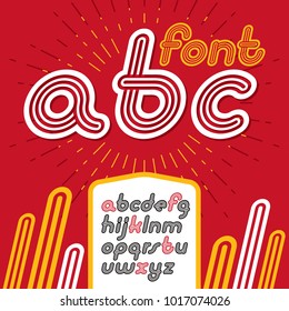 Vector retro lowercase English alphabet letters, abc collection. Cool disco cursive font, script from a to z can be used in poster art. Made with triple stripy decoration.