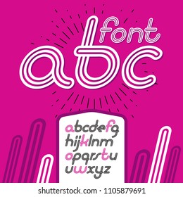 Vector retro lowercase English alphabet letters, abc collection. Cool disco cursive font, script from a to z can be used in poster art. Made with triple stripy decoration.