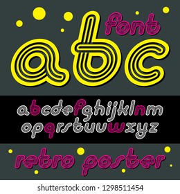 Vector retro lowercase English alphabet letters, abc collection. Cool disco cursive font, script from a to z can be used in poster art. Made with triple stripy decoration.