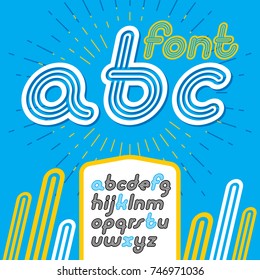 Vector retro lowercase English alphabet letters, abc collection. Cool disco italic font, script from a to z can be used in poster art. Made with geometric parallel triple lines.