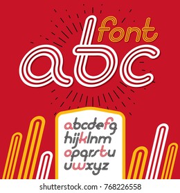 Vector retro lowercase English alphabet letters, abc collection. Cool disco cursive font, script from a to z can be used in poster art. Created using triple stripy, parallel lines.