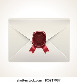 Vector retro mail envelope with red stamp and ribbon icon