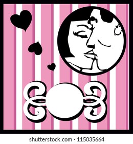 Vector Retro man and woman kissing card background with design elements and page decoration