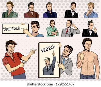 Hombres retro vectores - Caracteres ficticios con signos y mensajes para sus diseños originales y texto - Estilo de historieta vintage