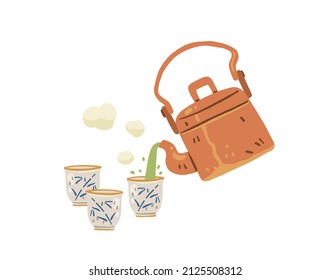 vector retro metal teapot pouring green tea into ceramic teacups