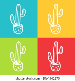 Vector Retro of Mexican Cactus Cacti Succulent Desert Nature Plant with Blue, Yellow, Green, Red. Flat Line Icon Logo, Sign, Symbol, Object. Graphic Design Element, Illustration, Poster, Print.
