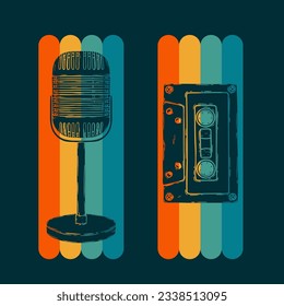 Vector retro mic. and audio cassette. Vintage karaoke, radio microphone, podcast station. Hand drawn music poster