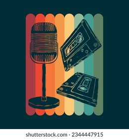 Vector retro mic. and audio cassette. Vintage karaoke, radio microphone, podcast station. Hand drawn music poster