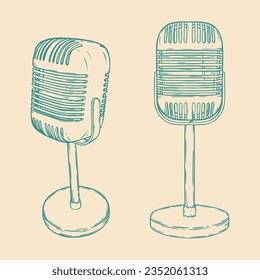 Vector retro mic. Vintage karaoke, radio microphone, podcast station. Hand drawn silhouette isolated on white