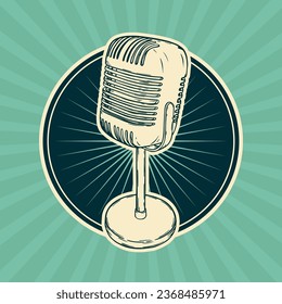 Vector retro mic. Vintage karaoke, radio microphone, podcast station. Hand drawn music poster