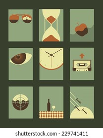 Vector Retro Minimal Illustrations Set: Objects and Natural Backgrounds