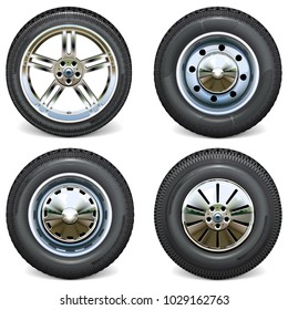 Vector Retro and Modern Car Wheels Side View isolated on white background