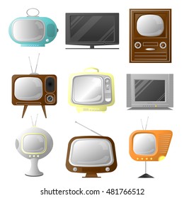 Vector retro y moderno y elegante televisor. Colección de pantallas antiguas. Iconos de la tecnología de medios. Ilustración de estilo de caricatura aislada en fondo blanco.