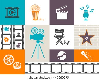 Vector retro movie and music icons colorful collection
