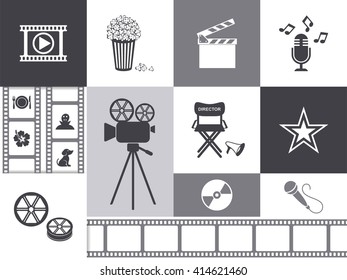 Vector retro movie and music icons grayscale collection svg