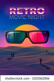 Vector retro movie night poster design template in 80s vintage futurism style, with 3d glasses on the sun background, and people gaze on it. 