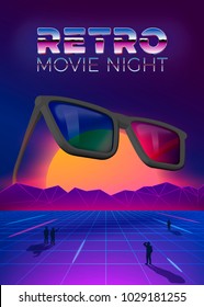 Vector retro movie night poster design template in 80s vintage futurism style, with 3d glasses on the sun background, and people gaze on it. 