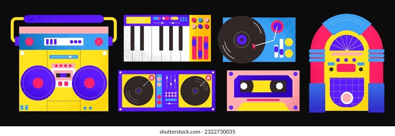 Vector retro music players in 90s style.Groovy hippie cartoon illustration