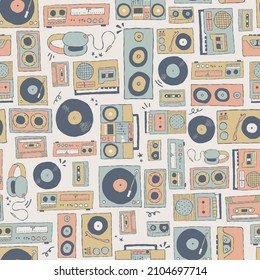Vector retro music players and technology seamless repeat pattern background. Perfect for fabric, wallpaper, wrapping paper, scrapbooking projects.