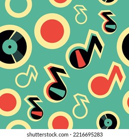 Vector retro music seamless pattern with vinyl records and musical notes, abstract wrapping paper or fabric template.