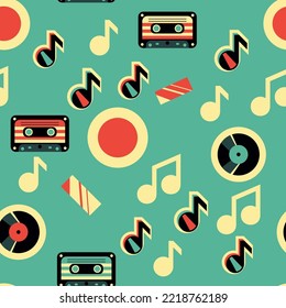 Vector retro music seamless pattern with vinyl records, audio cassettes and musical notes abstract wrapping paper or fabric template.