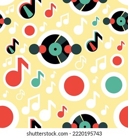 Vector retro music seamless pattern with vinyl records and musical notes, abstract wrapping paper or fabric template.