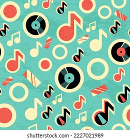 Vector retro music seamless pattern with vinyl records and musical notes, abstract wrapping paper or fabric template.