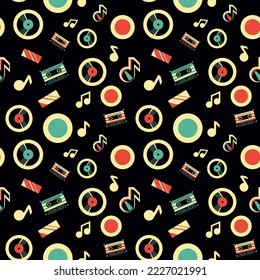 Vector retro music seamless pattern with vinyl records, audio cassettes and musical notes abstract wrapping paper or fabric template.