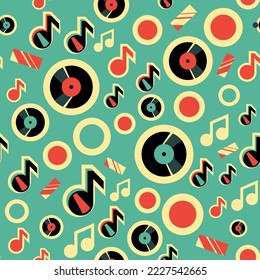 Vector retro music seamless pattern with vinyl records and musical notes, abstract wrapping paper or fabric template.