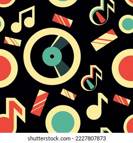 Vector retro music seamless pattern with vinyl records and musical notes, abstract wrapping paper or fabric template.
