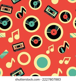 Música vectorial retro sin fisuras con discos de vinilo, casetes de audio y notas musicales de papel de envoltura abstracta o plantilla de tela.