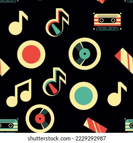 Vector retro music seamless pattern with vinyl records, audio cassettes and musical notes abstract wrapping paper or fabric template.