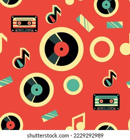 Vector retro music seamless pattern with vinyl records, audio cassettes and musical notes abstract wrapping paper or fabric template.