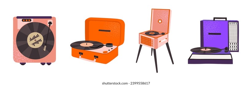 Vector retro music vinyl players in 90s style.Groovy hippie cartoon illustration, stickers set