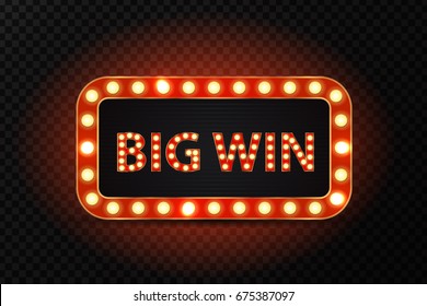 Vector retro neon billboard for big win with glowing lamps on the transparent background. Concept of winner, casino and award ceremony.