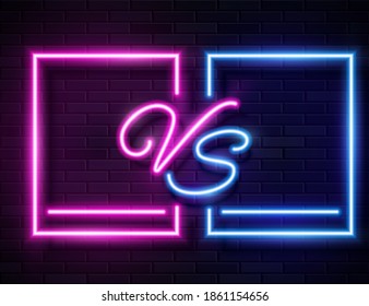 Vector Retro Neon Blue and Pink Glowing Versus Frames for Banner on Dark Empty Grunge Brick Background. Vintage Neon Style VS
