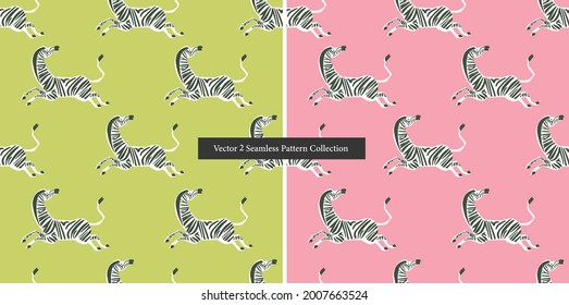 Vector retro neon color Zebra illustration motif seamless repeat pattern collection set 2 color ways digital file artwork home decor print fashion fabric textile pop art