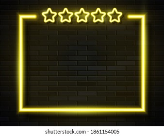 Vector Retro Neon Five Stars Ranking Frame on Dark Brick Background. Vintage Neon Style Yellow Frame