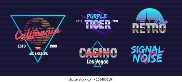 Conjunto de logotipo de neón retro vector. Diseños con el logo de Neon. 5 logos retro 80. Impresiones retro para pantalones T, tipografía.