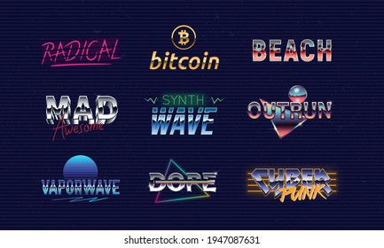 Vector Retro Neon Logo Set. Synthwave, Outrun, Vaporwave, Cyberpunk, Bitcoin. 9 Trendy Logo Templates. 1980's Emblems With Neon And Chromium Effect. Print For T-shirt, Tee. Hipster Logo Design. 