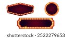 Vector retro neon marquee billboard set for decoration casino, carnival, circus, theater, cinema with glowing lamps. Vector horizontal background inviting to performance with light bulb template