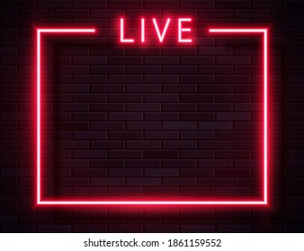Vector Retro Neon Red Live Frame on Dark Empty Grunge Brick Background. Vintage Neon Style Frame