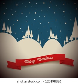 Vector retro night snowy landscape as a Christmas card