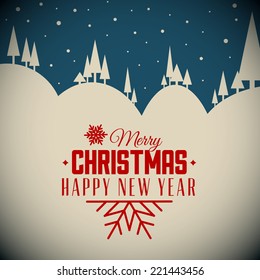 Vector retro night snowy landscape as a Christmas card