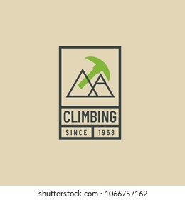 Vector retro outline logo of rock climbing. Climbing and alpinism design template. Hipster emblem of active tourism.