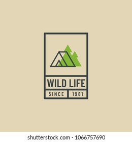 Vector retro outline logo of tent in wood. Camping and travel design template. Wild life hipster concept.