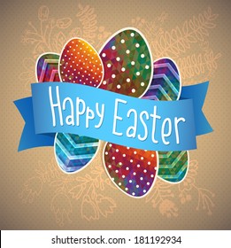 Vector retro Paper card with striped geometric pattern Easter eggs and blue ribbon. flower pattern on background